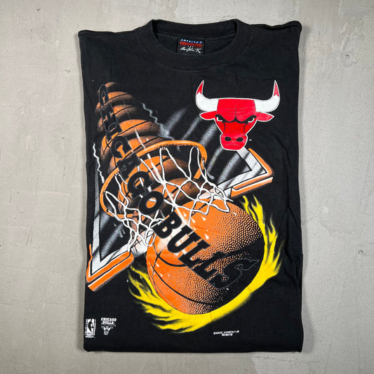 1990s Chicago Bulls Flaming Dunking Ball Black Tee Size XL USED v17807