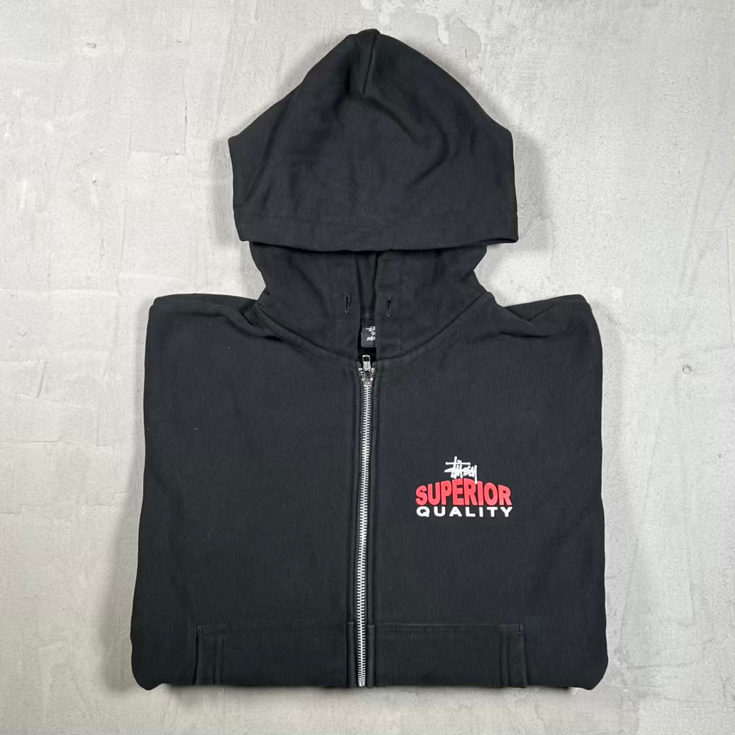 Stussy "Superior Quality" Black Zip Up Hoodie Size Small USED x18898