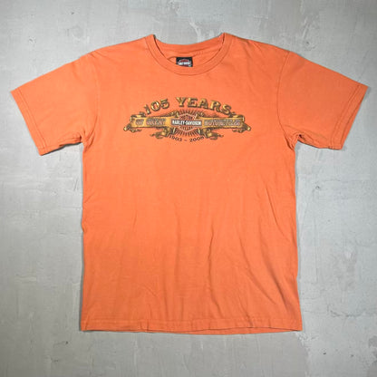 2008 Harley Davidson "105 Years" Orange Tee Size Large USED v20406