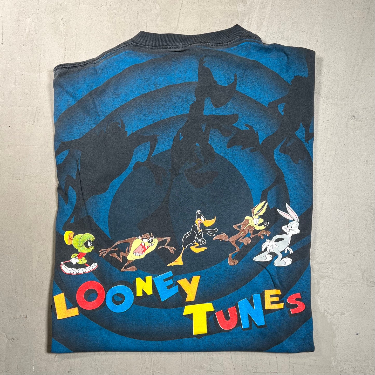 1992 Looney Tunes Spiral All Over Print Black Tee Size XL USED v13972