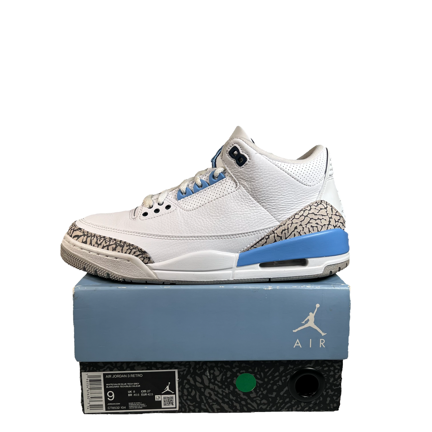 Jordan 3 UNC (2020) Size 9 USED s21991