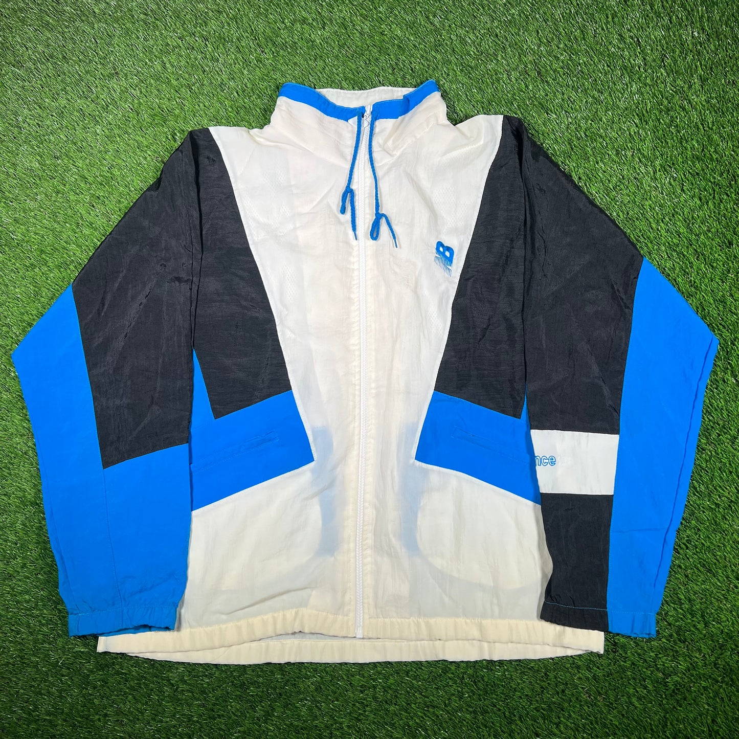 1990s New Balance White/Blue/Black Nylon Track Jacket Size XL USED v17027