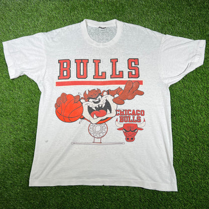 1990s Chicago Bulls Taz Loony Tunes White Tee Size XL USED v16739