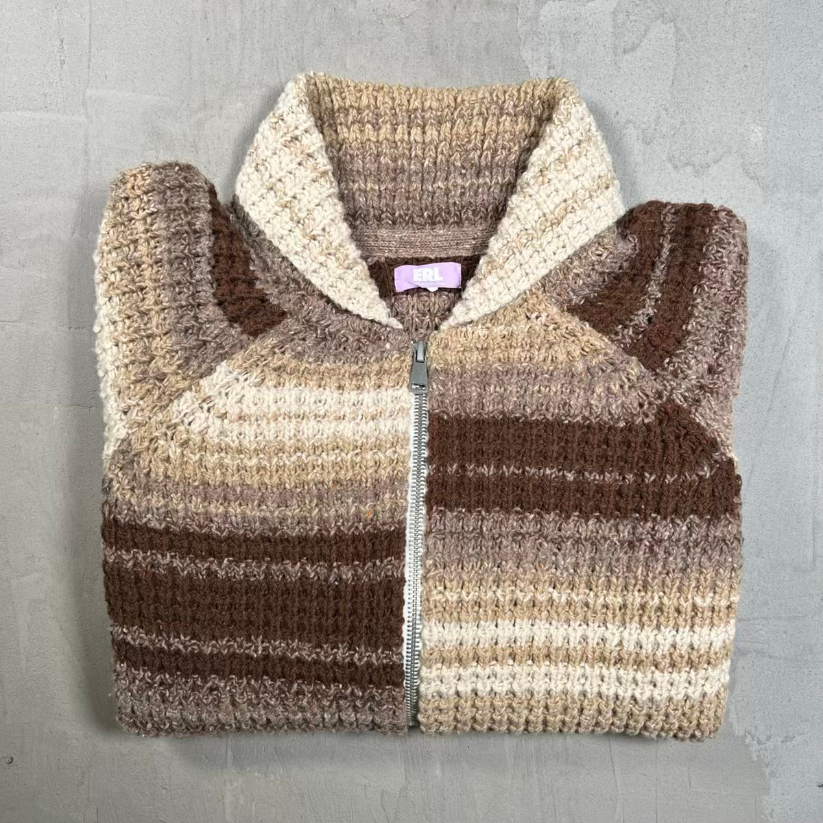 ERL Striped Zip Up Knit Brown Sweater Size Medium USED x18887
