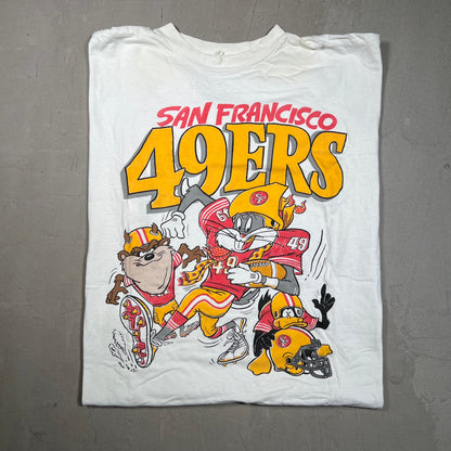 1990s San Francisco 49ers Looney Tunes Football White Tee Size XL USED v19270