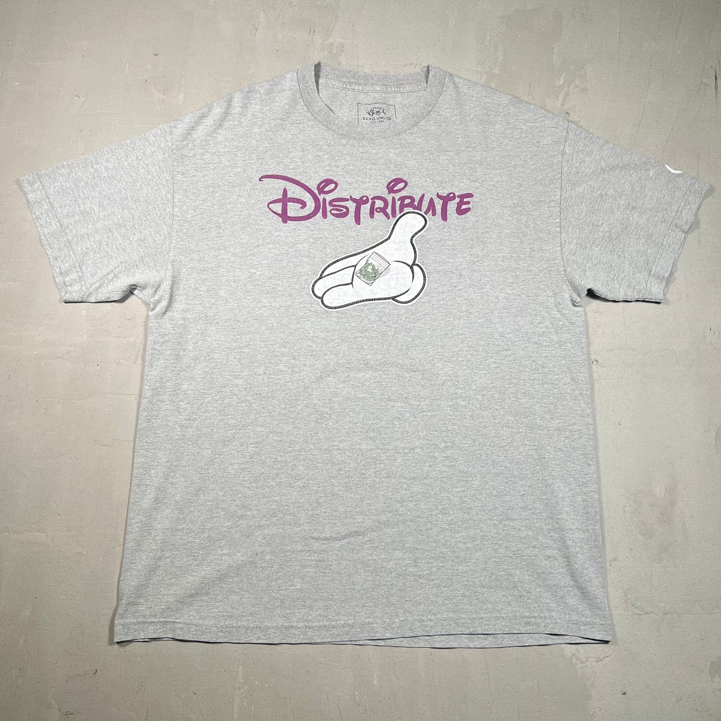 Y2K Ecko "Distribute" Disney Spoof Grey Tee Size XL USED v18975