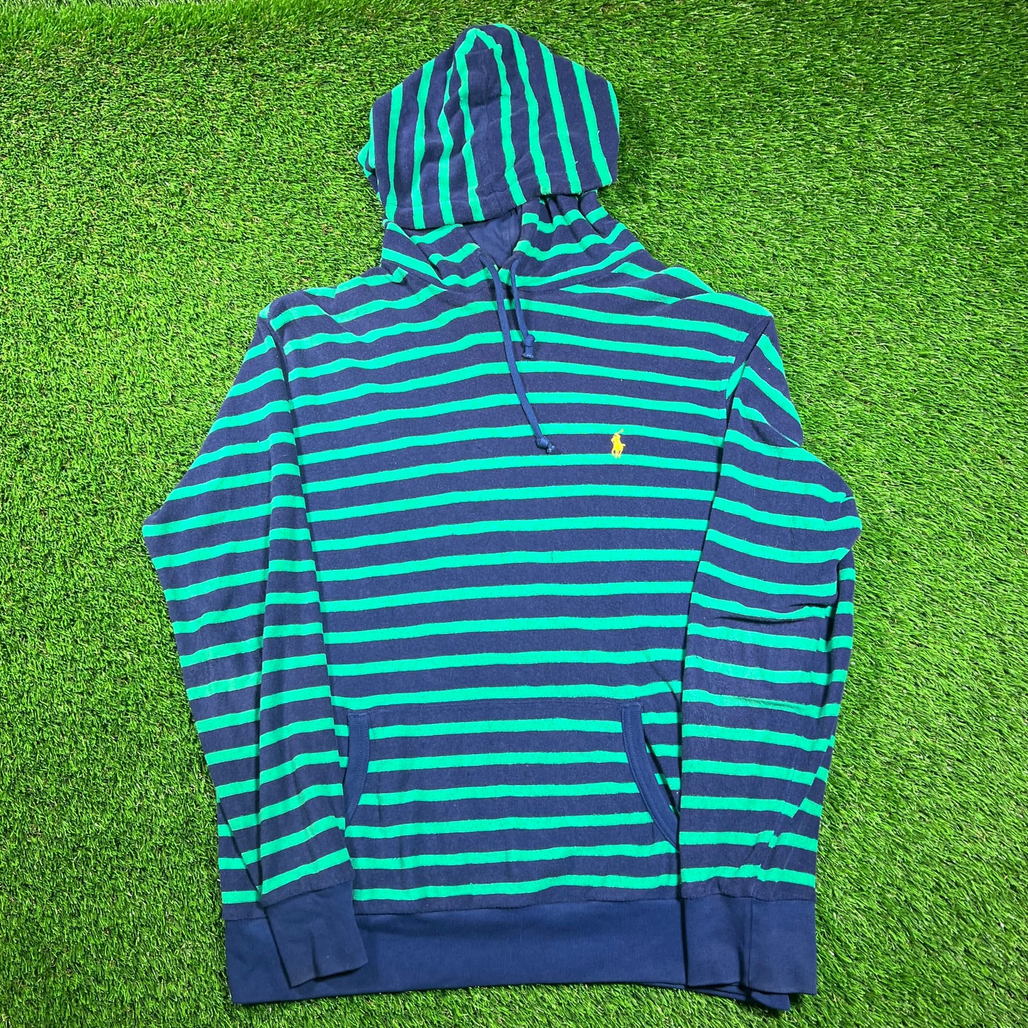 Ralph Lauren Polo Blue/Green Terry Cloth Striped Hoodie Size Large USED v18508