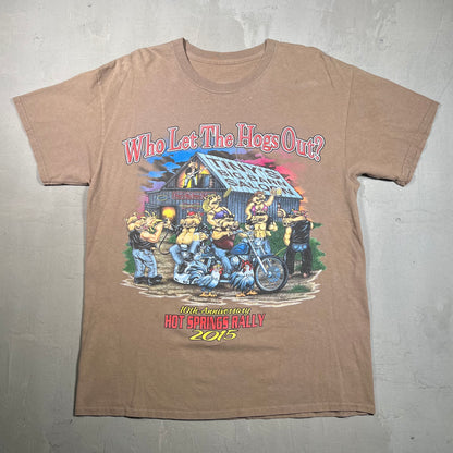 2015 "Who Let the Hogs Out" Brown Bike Rally Tee Size XL USED v18952