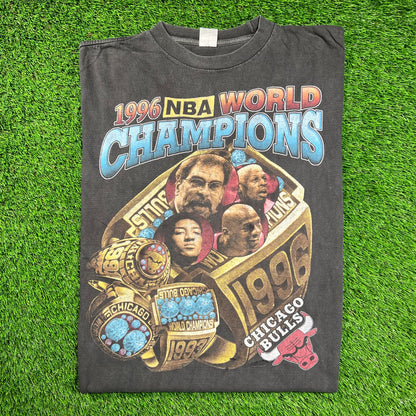 1996 "World Champions" Chicago Bulls Black Rap Tee Size XXL USED v18516