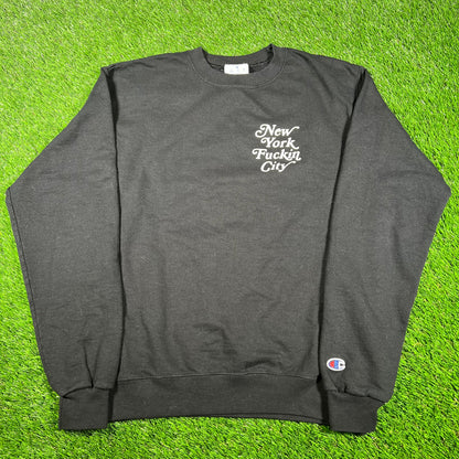 "New York Fuckin City" Black Champion Crewneck Size Medium USED v17010