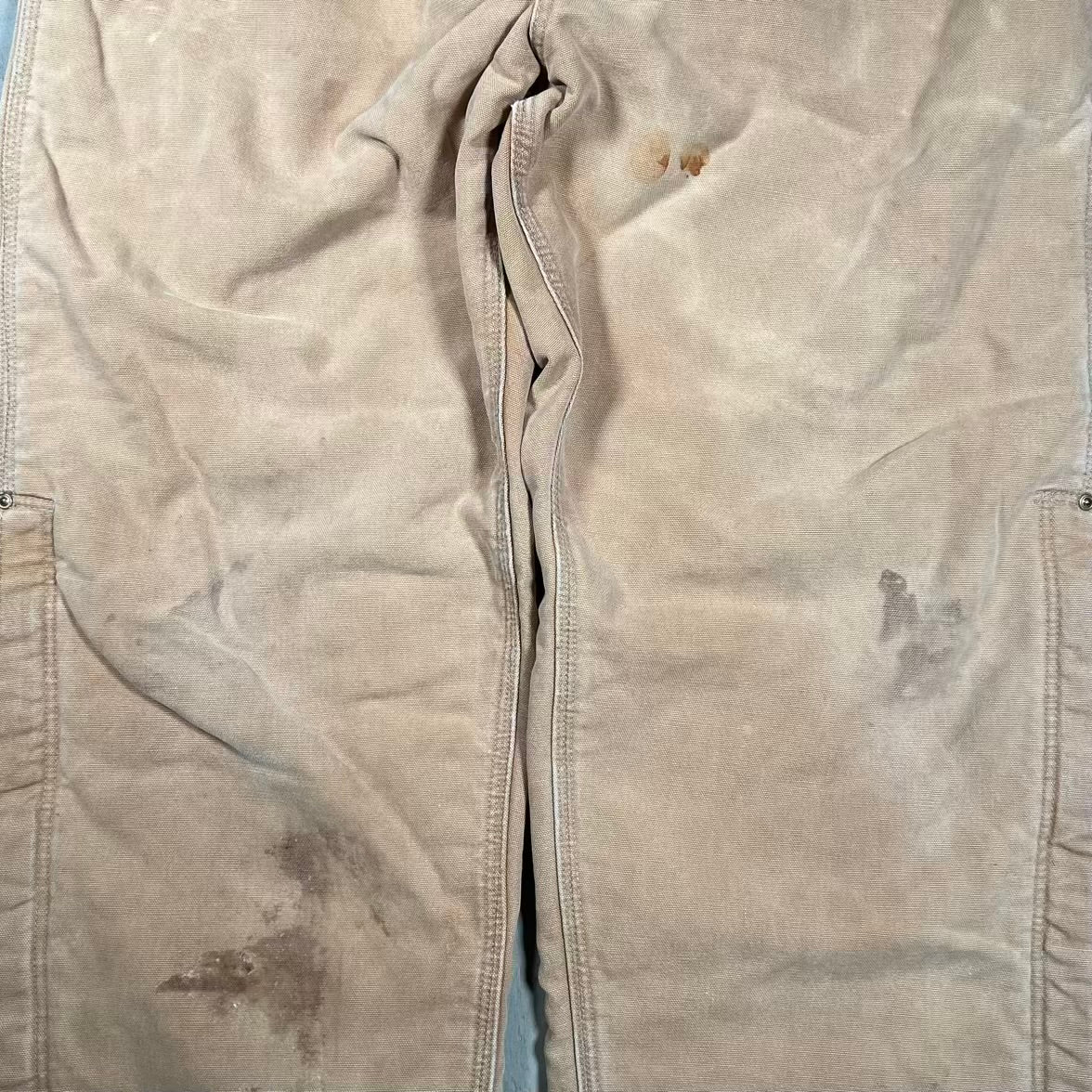 1990s Carhartt Beige Red Quilted Lined Workwear Pants w/ Suspenders Size 38 USED v20088