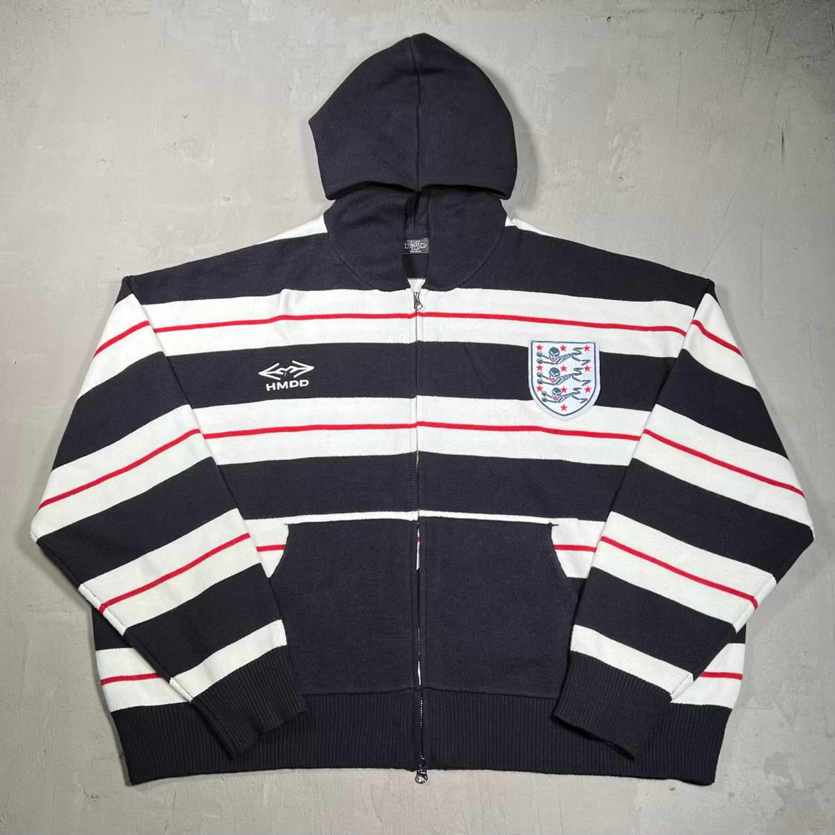 HMDD Ingerland Futbol White/Black Knit Zip Up Hoodie Size Large USED x18678
