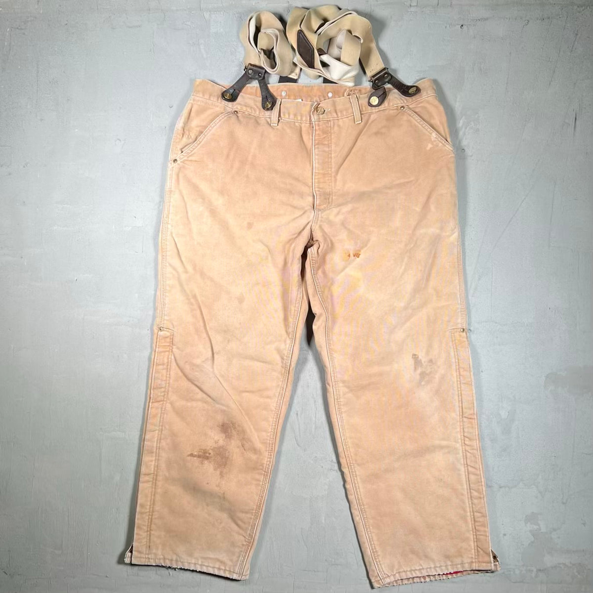 1990s Carhartt Beige Red Quilted Lined Workwear Pants w/ Suspenders Size 38 USED v20088