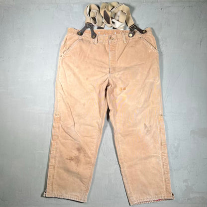 1990s Carhartt Beige Red Quilted Lined Workwear Pants w/ Suspenders Size 38 USED v20088