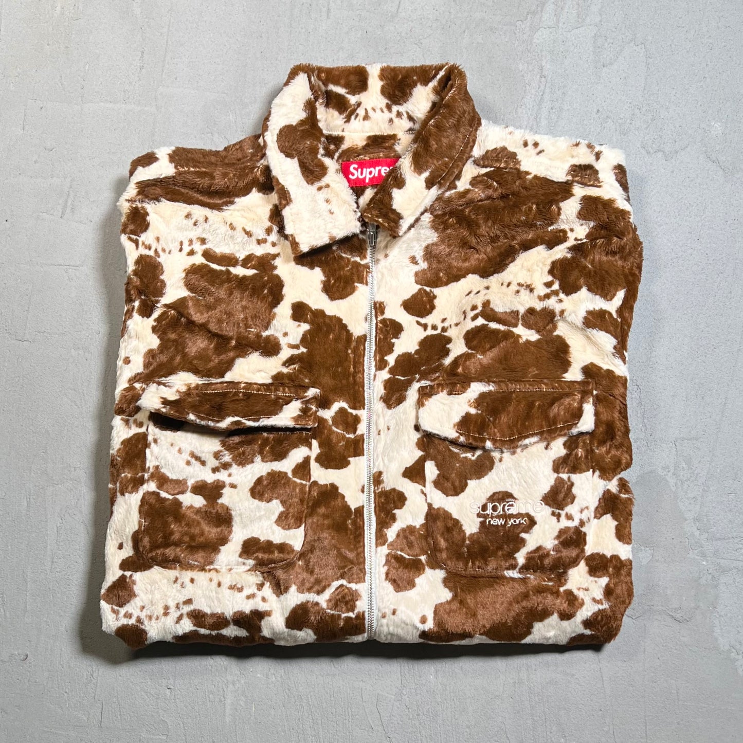 Supreme Faux Fur Cow Print Zip Up Jacket Size Small USED x17612