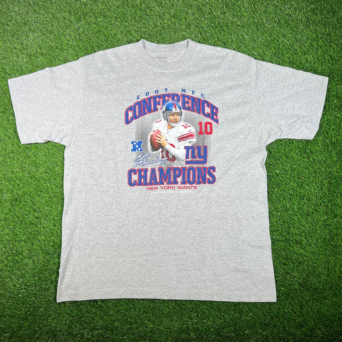 2007 Giants Eli Manning NFC Champs Grey Tee Size XL USED v17647