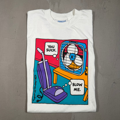 1990s You Suck Blow Me Vaccum Fan Art White Tee Size Large USED v16651