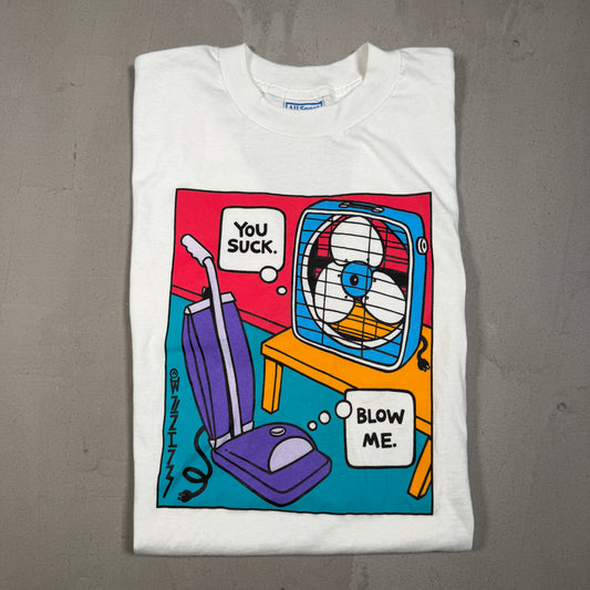 1990s You Suck Blow Me Vaccum Fan Art White Tee Size Large USED v16651