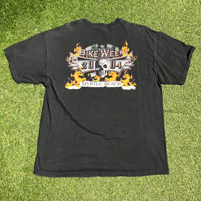 2004 Bike Week Myrtle Beach Skull & Flames Black Tee Size XL USED v16279
