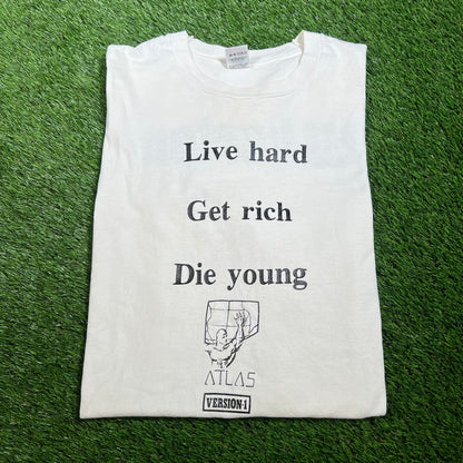 1990s Wharton Live Hard Get Rich Die Young White Tee Size XL USED v16540