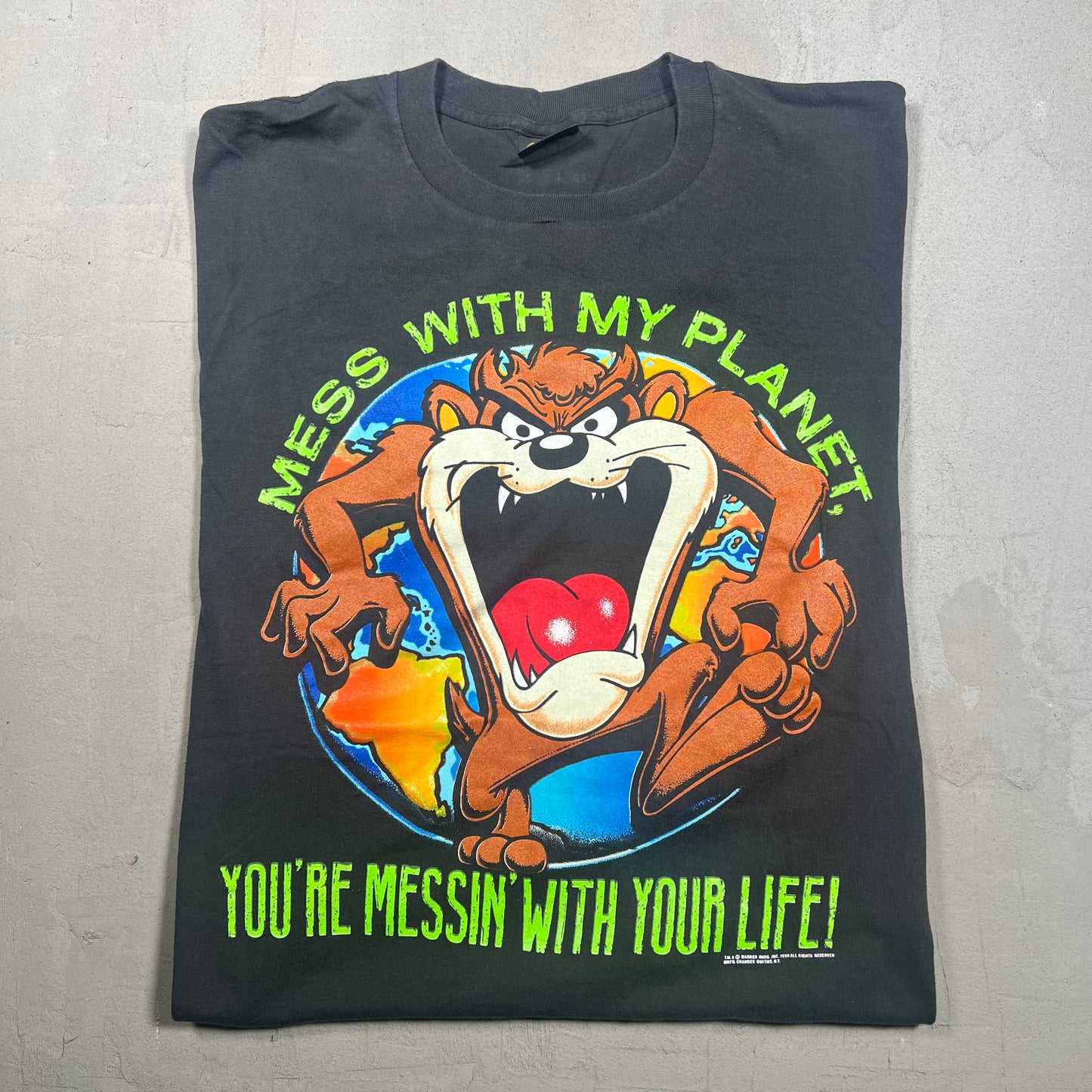 1990 Taz Mess With My Plant Black Tee Size XL USED v18041
