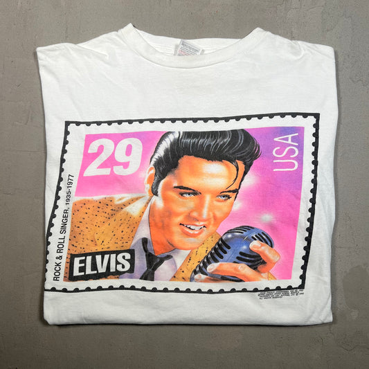 1992 Elvis Presley Pink Stamp White Cropped Tee Size Large USED v19163