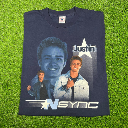 2000 NSYNC Justin Timberlake Navy Blue Rap Style Tee Size Large USED v17370