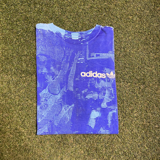 1990s Adidas Puff Print AOP Blue Tee Size XL USED v16074