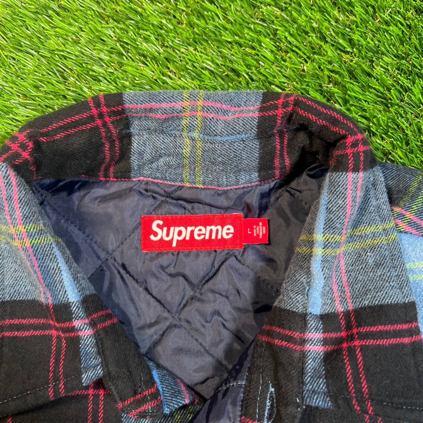 Supreme Quilterd Plaid Blue Plaid Shirt (2024) Size Large USED x17008