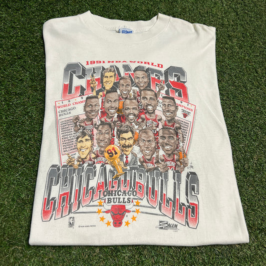 1991 Chicago Bulls Cartoon Salem Tag White Tee Size XL USED v16395