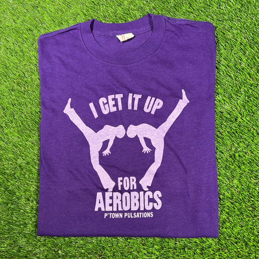 1990s I Get It Up For Aerobics Purple Tee Size Medium USED v17120