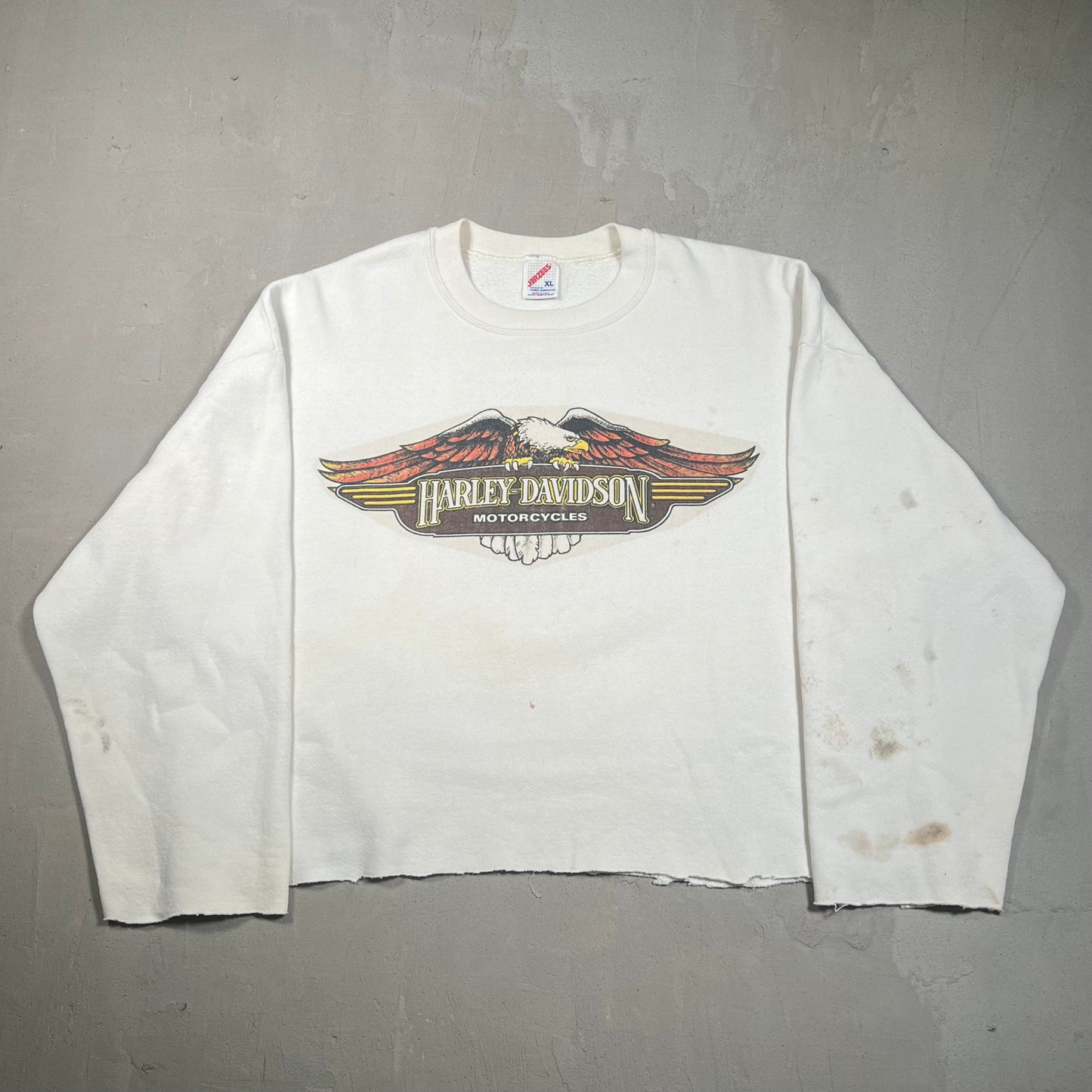 1980s Harley Davidson White Crewneck Thrashed Size XL USED v19380