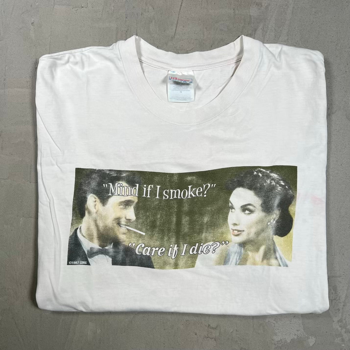 1997 Mind if I Smoke Care If I Die White Tee Size XL USED v20057