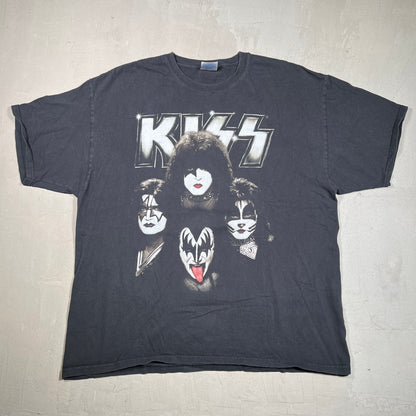 Y2K Kiss 4 Faces Flaming Guitar Black Tee Size XXL USED v19358