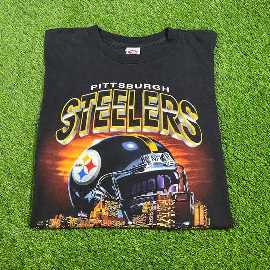 1990s Pittspurgh Steelers City Line Helmet Black Tee Size XL USED v16574