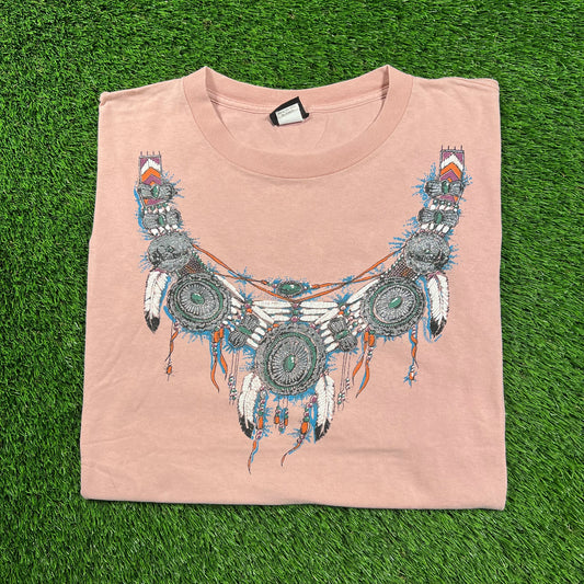 1990s Diamond Dust Feather Necklace Pink Tee Size Medium USED v18319