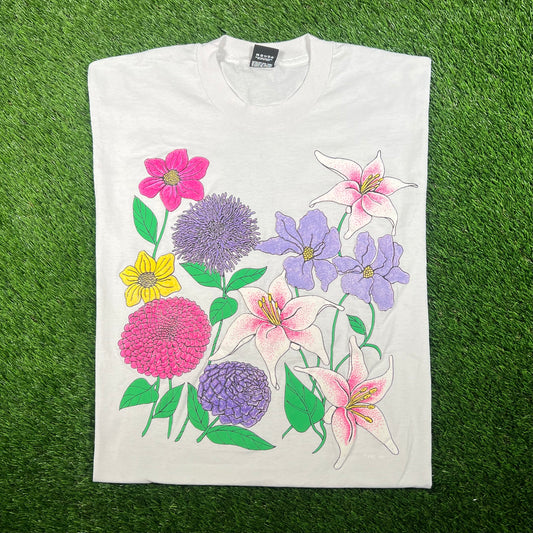 1991 Flower Puff Print White Tee Size XL USED v17603