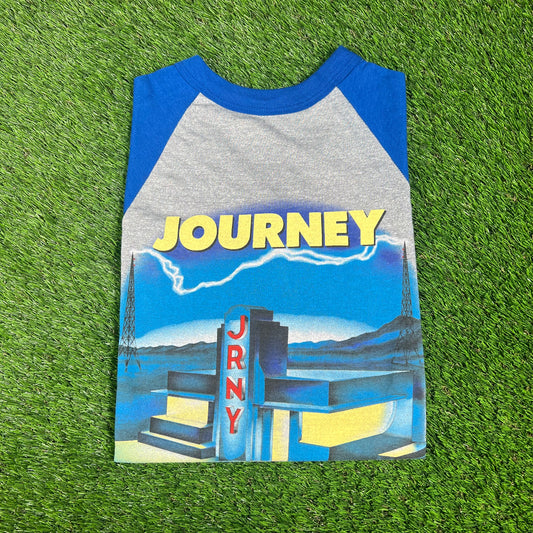 1986 Journey Raised On Radio Tour Grey/Blue Baseball Tee Size Medium USED v16627