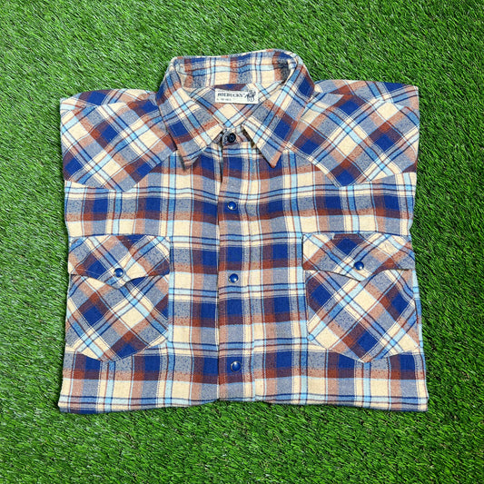 1980s Genuine Roebucks Button Up Blue/Tan Flannel Size Large USED v16532