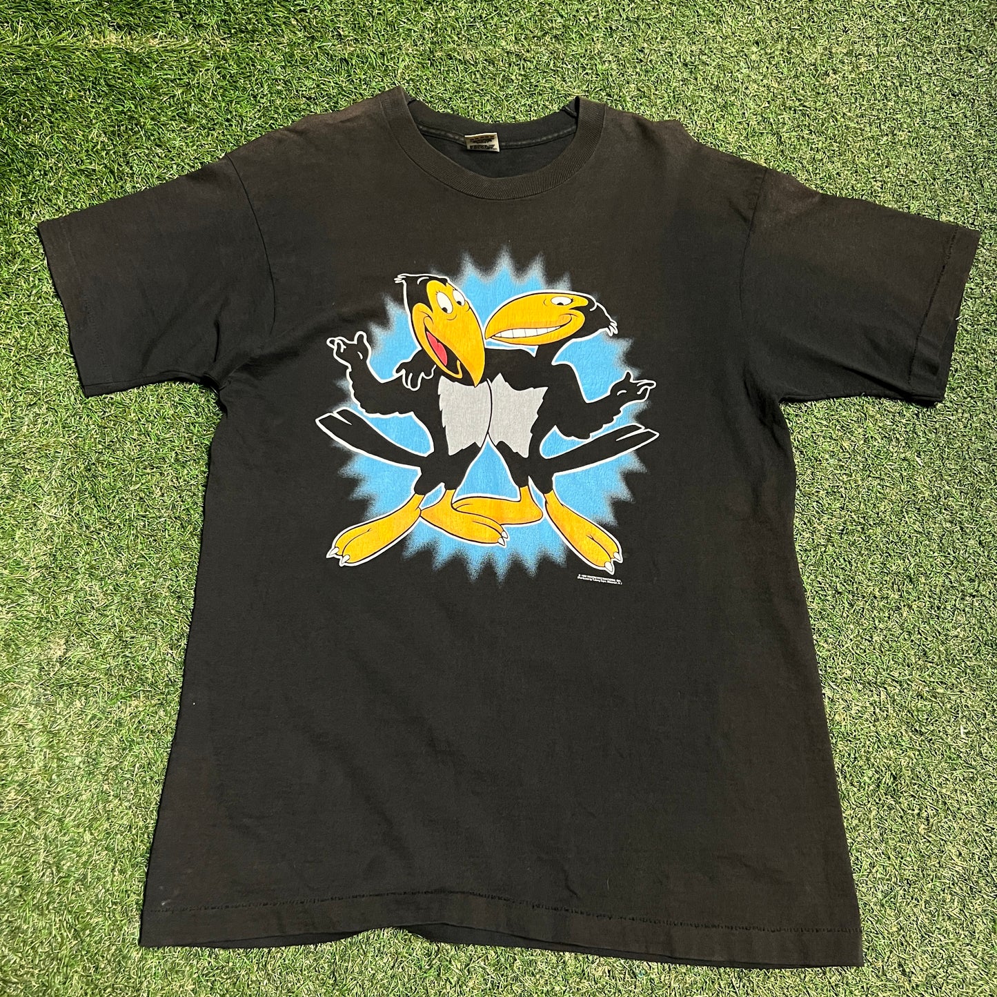 1992 Heckle & Jecle Birds Cartoon Black Tee Size Large USED v16399