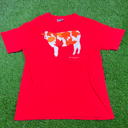 1989 Cow With Leafs Red Tee Size Large USED v16947