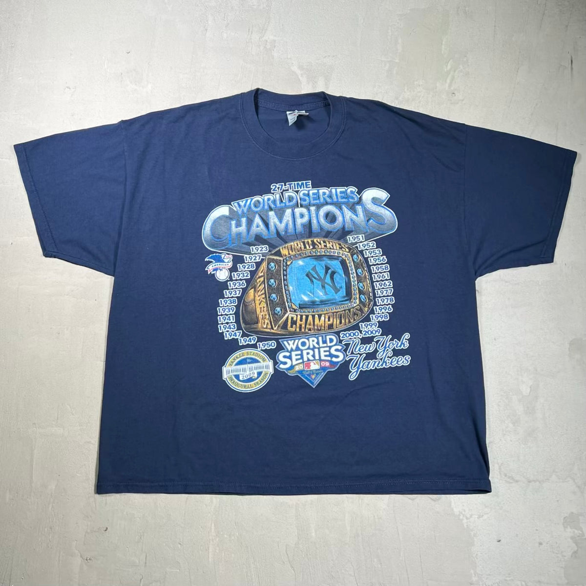 2009 Yankees World Series Champ Ring Navy Blue Tee Size XL USED v20099