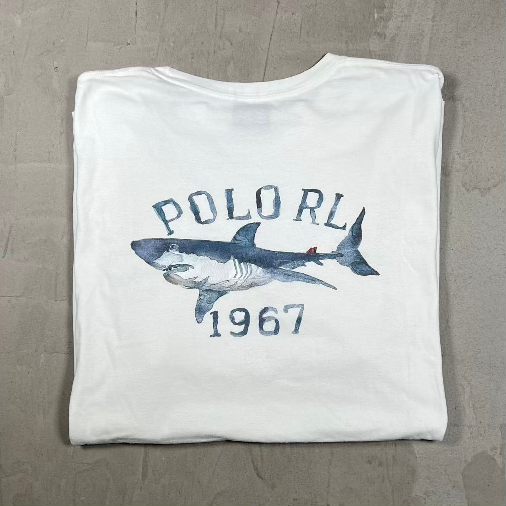 Y2K Polo Ralph Lauren Shark Logo White Tee Size Large USED v20415