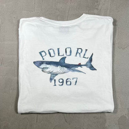 Y2K Polo Ralph Lauren Shark Logo White Tee Size Large USED v20415