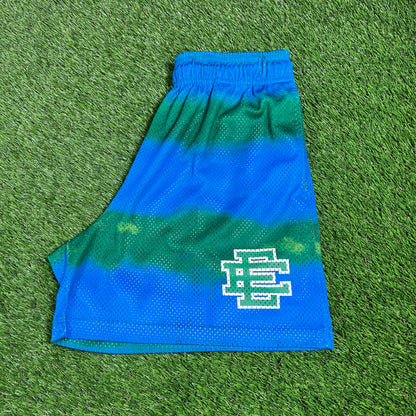 Eric Emanuel Blue/Green Tie Dye Green Logo Shorts Size Large USED x14687