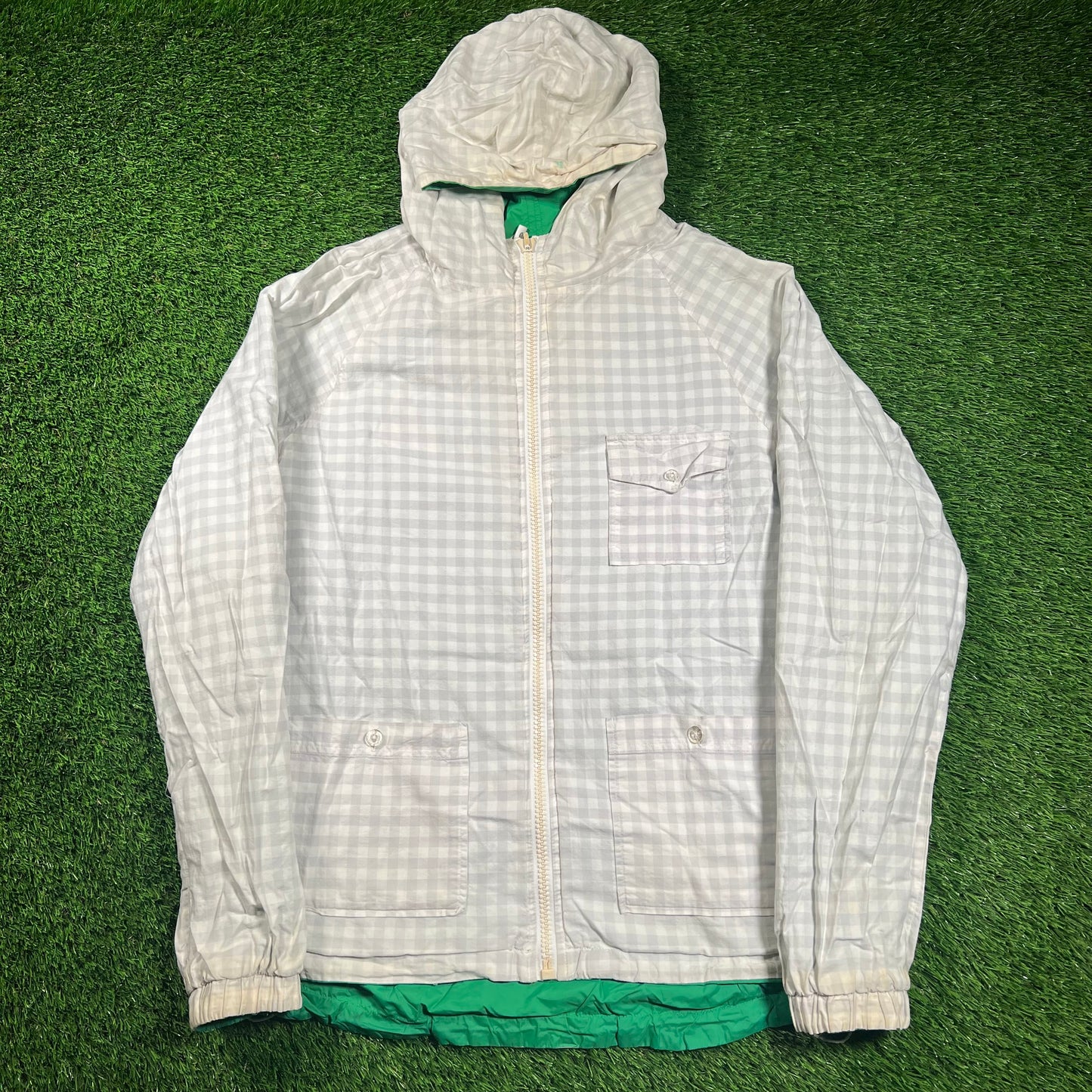 Kid Robot Reversible Green/White Zip Up Windbreaker Size Medium USED v18304