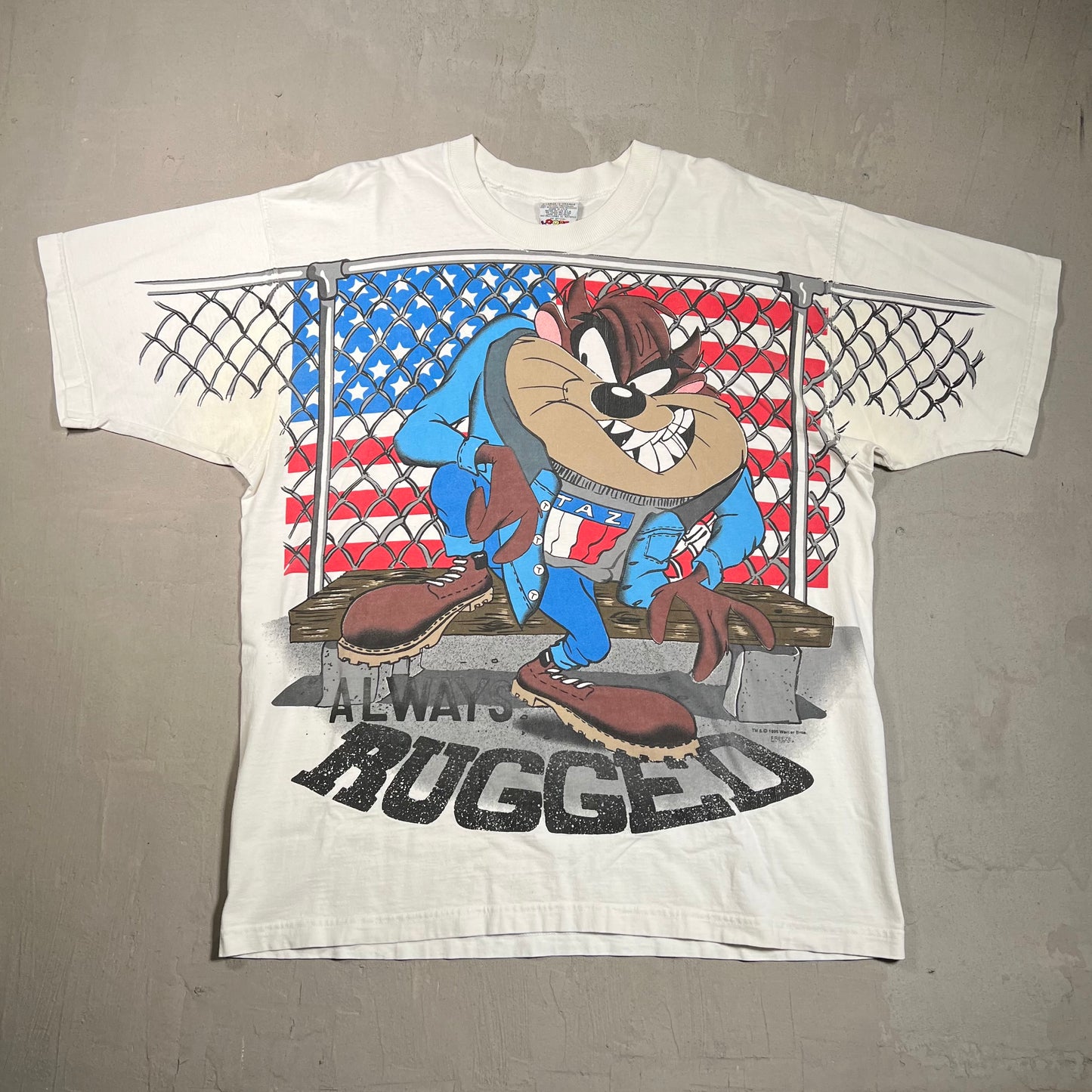 1995 Taz White "Always Rugged" Hilfiger Spoof Tee Size XL USED v17251