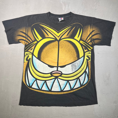 1990s Garfield the Cat AOP Black Tee Size Large USED v19158
