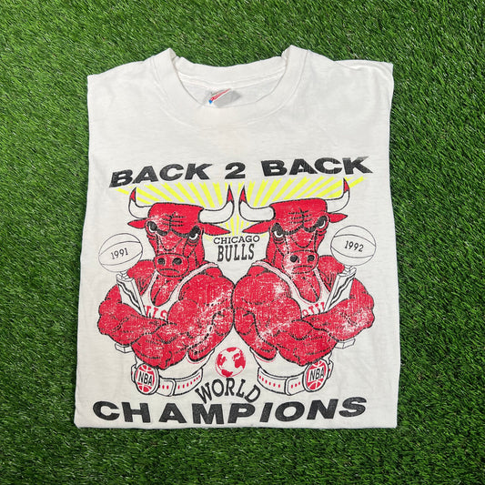1992 Chicago Bulls White Back 2 Back Champos Tee Size Large USED v18230