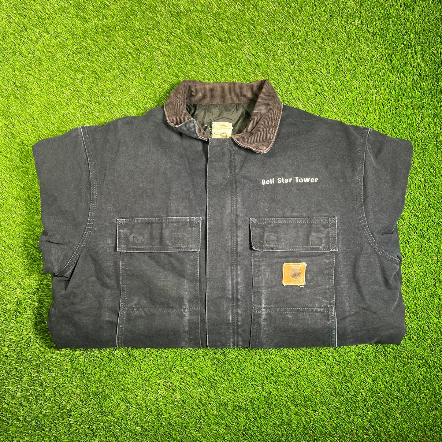 1990s Carhartt Bell Star Tower Workwear Navy Blue Jacket Size XL USED v18148